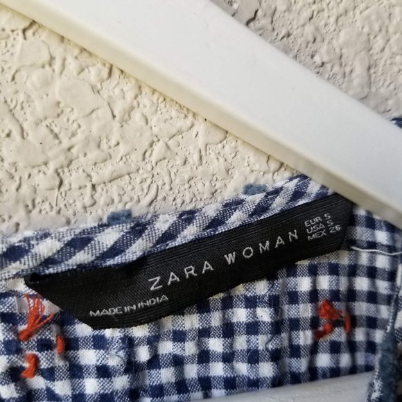 Zara Woman Gingham Check Embroidered Tassel Top Boho Blue White Womens Size S - Picture 12 of 12